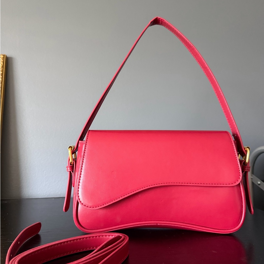 Red Leather Shoulder Bag - Women's Handbag